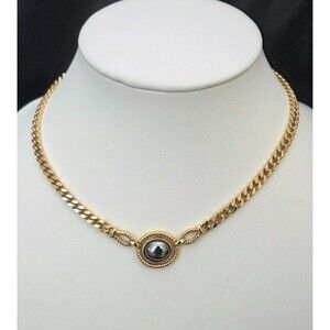 Vintage Louis Feraud Paris Gold Tone Chain Hematite Crystal Necklace EUC